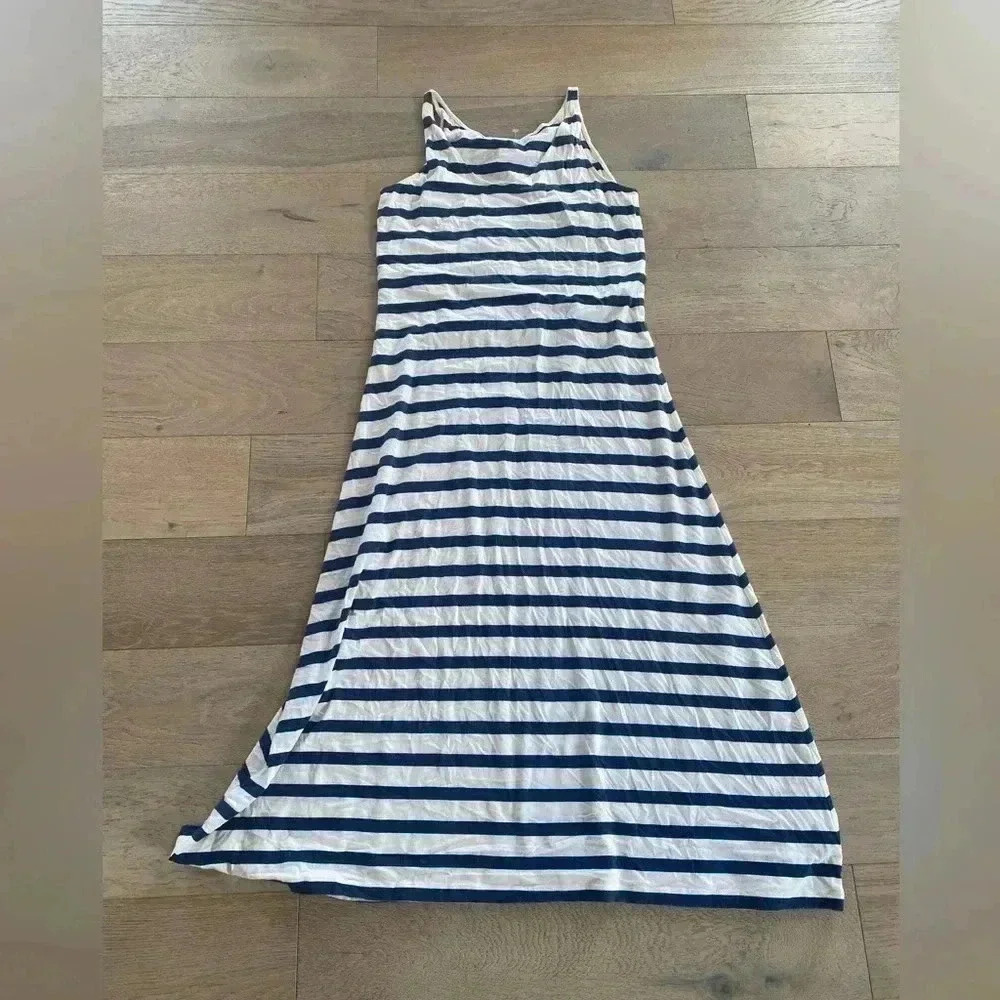Garnet Hill Striped Maxi Dress Cream Navy Small - Picture 1 of 5